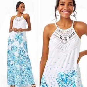 Lilly Pulitzer White and Blue Floral Maxi Dress